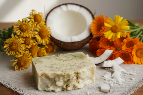 bar of soap with arnica, calendula and coconut in the background