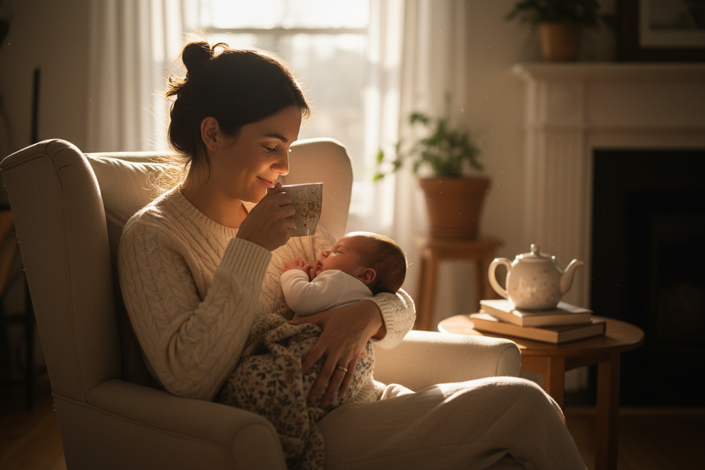 woman drinking tea holding her baby