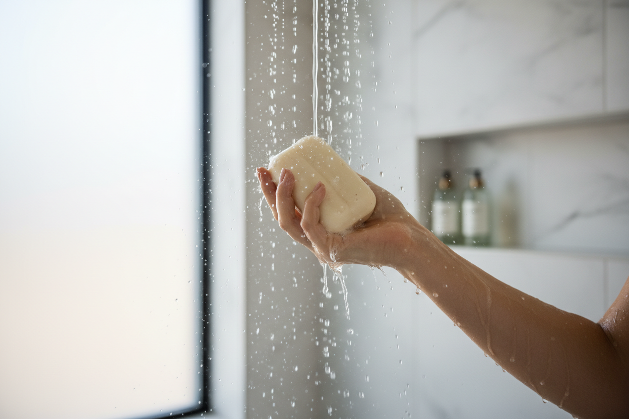 woman having a shower using a bar of soap