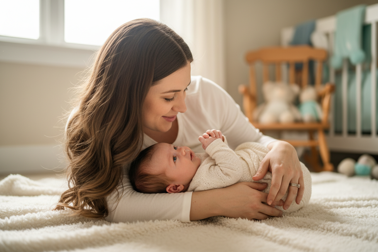woman playing with her newborn
