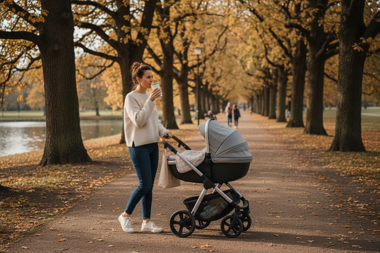 woman walking and drinking tea whilst pushing a pram.